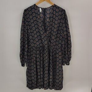 MNG Dress Size Large Faux Wrap Stretch Waist Dark Gray Orange Print